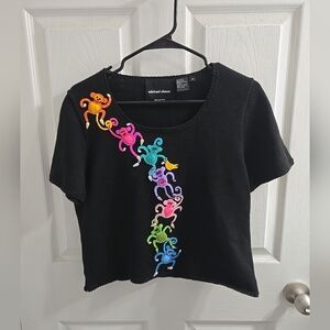 Vintage Michael Simon Black Short Sleeve Embellish Monkey Knit Sweater Size Med